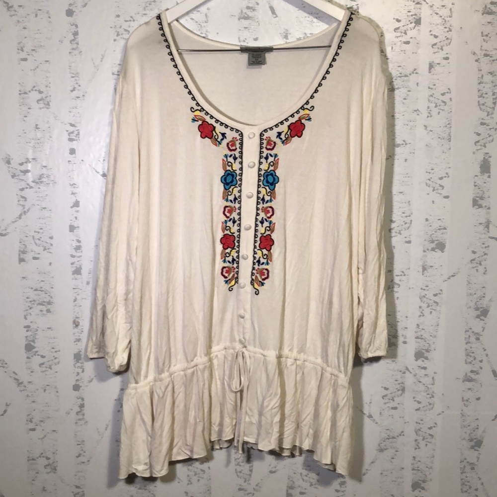 Geneology Boho Embroidered White Top Plus Size 3X